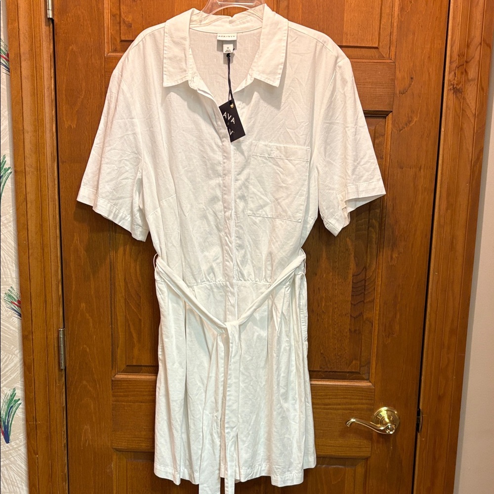 White Short Sleeve Shirt Dress with Belt